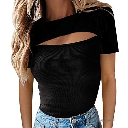 TOTREND Womens Sexy Bodycon Keyhole Tops Fitted Cut Out Shirts Crew Neck Short Sleeve Slim Fit Leotard Tees