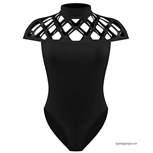 Womens High Neck Bodycon Caged Sleeves Bodysuit Tops