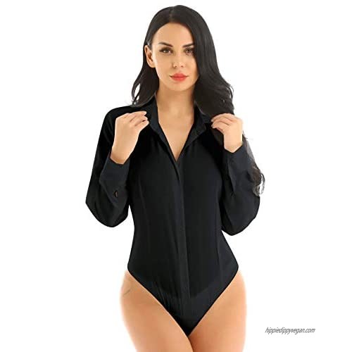 YONGHS Women's Long Sleeve Button Down Easy Care Work Bodysuit Shirts One-Piece Leotard Top