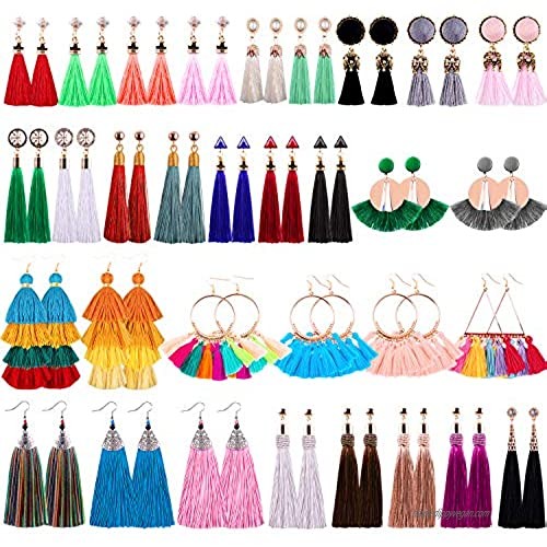 Duufin 32 Pairs Tassel Earrings Colorful Bohemian Tassel Earring Long Layered Dangle Earrings Tassel Drop Hoop Fringe Tiered Earrings for Women Girls