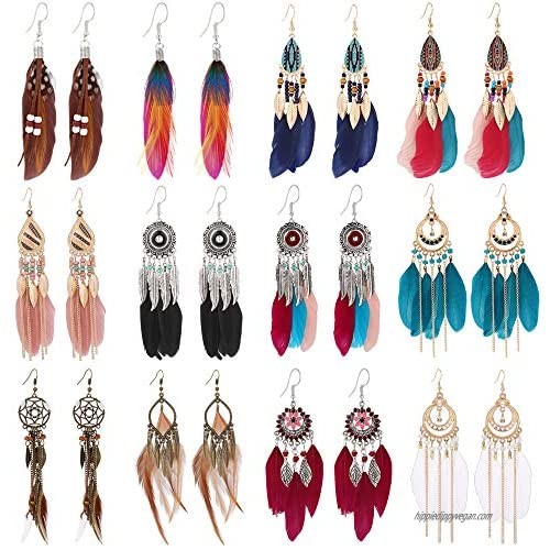 Kinimore 12 Pairs Women Feather Earrings Vintage Bohemian Earrings Long Drop Dangle Earrings Set With Dream Catcher Design (style1-12pairs)