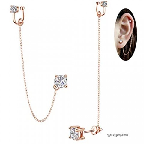 Cubic Zirconia Earrings - Crystal Ear Cuff Earrings Chain Sterling Silver Hypoallergenic Cubic Zirconia Earrings Rhinestones Drop Dangle Earrings 2 in 1 earrings Piercing Jewelry Gift for Women Girls
