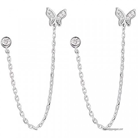 Double Holes Butterfly Halo CZ Small Stud Cuff Wrap Tassel Chain Crawler Climer Dangle Drop Earrings for Women Teen Girls Cartilage S925 Sterling Silver Piercing Animal Jewelry Gifts Daughter Sister