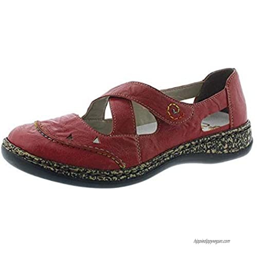 Rieker Women's Red Leather Stitched Comfort Flat Walking Shoe