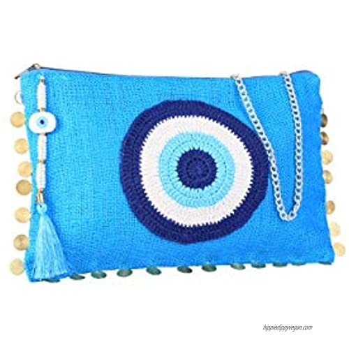 Karens Ege Evil Eye Jute/Burlap Clutch Bag Beach bag Zipper Gift with Crystals and Tassels