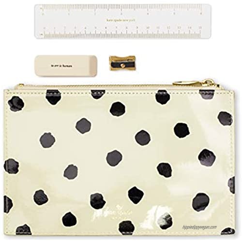 Kate Spade New York Black/White Pencil Pouch with Ruler  Eraser  & Sharpener  Leatherette Travel Zipper Pouch/Clutch  Spotty Dot