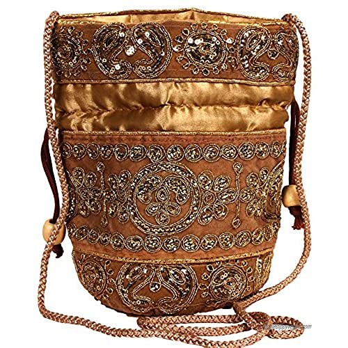 Purpledip Potli Bag (Clutch  Drawstring Purse) For Women With Intricate Gold Thread & Sequin Embroidery Work