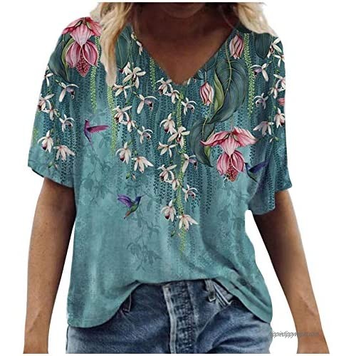 FABIURT Summer Tops for Women Womens Casual Comfort Floral Printed Short Sleeve T Shirts Loose Fit Tee Blouses Tunic Top