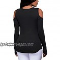 Hibluco Women's Sexy Deep V-Neck Cold Shoulder Tops Long Sleeve Blouse Shirt Slim Lace-Up Ribbed Stretchy T-Shirt