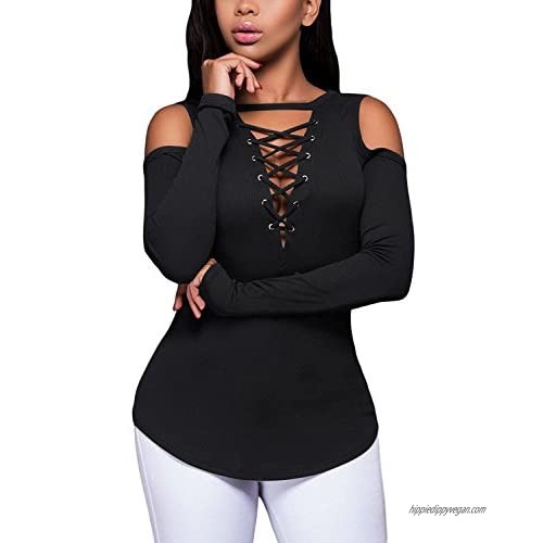 Hibluco Women's Sexy Deep V-Neck Cold Shoulder Tops Long Sleeve Blouse Shirt Slim Lace-Up Ribbed Stretchy T-Shirt