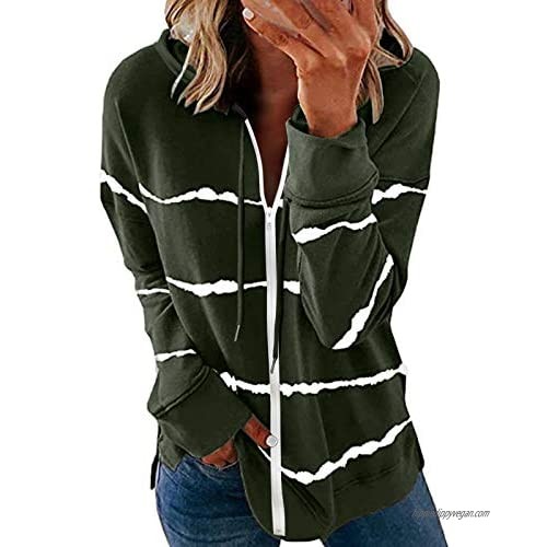 Hotkey Womens Casual Hoodies Striped Printed Sweatshirts Long Sleeve Full Zip Drawstring Lightweight Tops Shirts