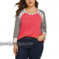 IN'VOLAND Women's Plus Size Raglan Top Striped Baseball T-Shirt 3/4 Sleeve Casual Scoop Neck Tee Tunic