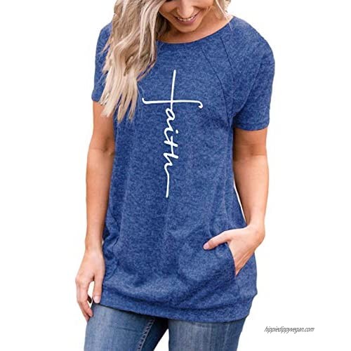 Mansy Women's Summer Short Sleeve Tops Causal Loose Letter Print T Shirt Tunics with Pocket Round Neck