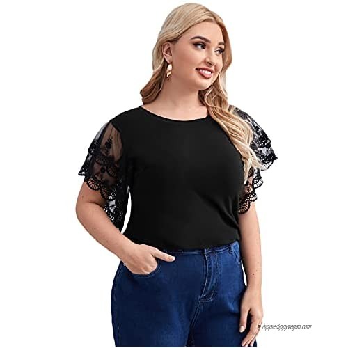 Romwe Women's Plus Size Contrast Lace Mesh Short Sleeve Round Neck T Shirt Tee Tops