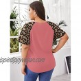 Romwe Women's Plus Size V-Neck Leopard Raglan Short Sleeve Blouse Casual Loose Shirt Tops Black-Blue