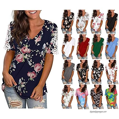 Summer Shirts for Women  Women's V Neck Floral Print T-Shirts Casual Short Sleeve with Lace Tops Blouse Tunic Tee Top