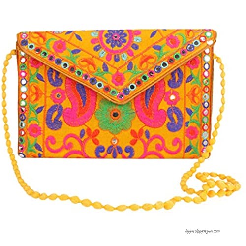 12 X 8 Women Evening Party Clutch Indian Embroidered Patches Work Shoulder and Cross body Strap Magnetic Closure