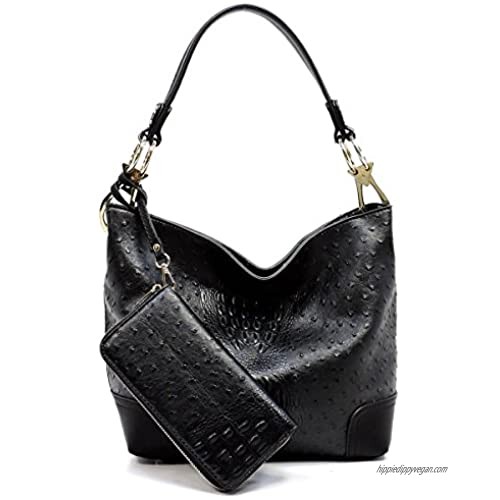 2 PC Set Ostrich Croco Embossed Vegan Faux Leather Hobo Shoulder Bag Classic Bucket Purse with Matching Wallet