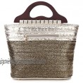 A+ Authentic Straw Top Handle Fashion Handbag with 2 Tone Design  Wood Handle  Zipper Closure: FL1243
