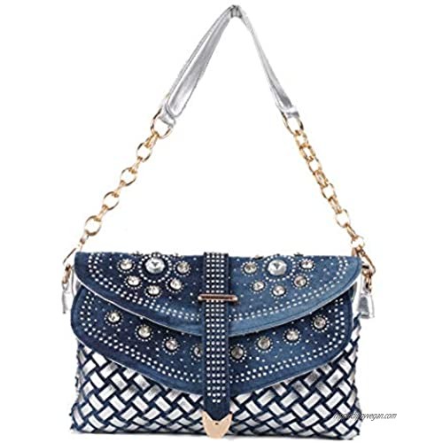 COOFIT Women's Denim Blue Knitted Top Handle Handbags with Shiny Rhinestone