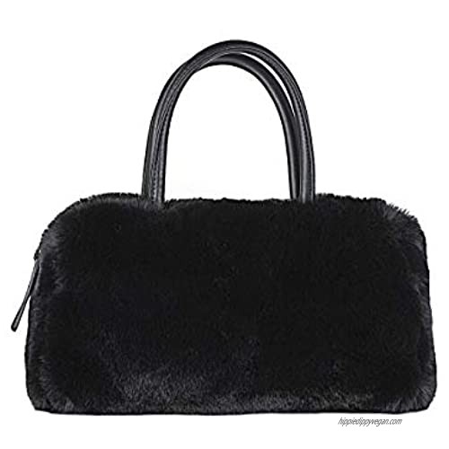 Luxe L 100% Faux Fur Bowler Bag for Women Soft Modern Top-Handle Handbag with Detachable and Adjustable Faux-Leather Strap