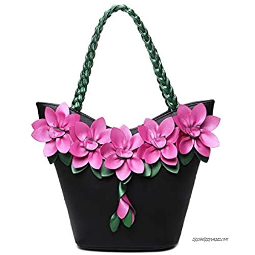 SUNROLAN Women's Shoulder Bag Handbag Tote Purse PU Leather Crossbody 3D Flower with Weave Handle Bags (Black-2)