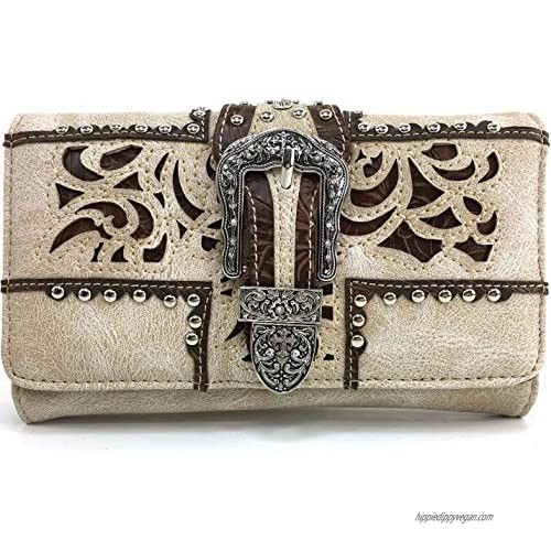 Justin West Silver Rhinestone Buckle Studded Tooled Leather Laser Cut Wristlet Trifold Wallet Attachable Long Strap