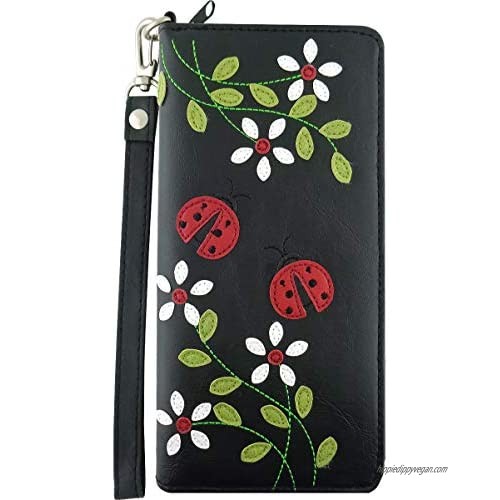 LAVISHY Ladybug & Daisy Flower Applique Vegan/Faux Leather Large Wristlet Wallet