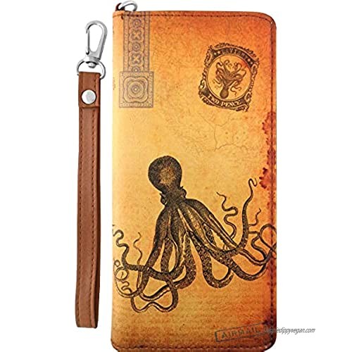 LAVISHY Unisex Vintage Look Octopus Print Vegan/Faux Leather Large Wristlet Wallet
