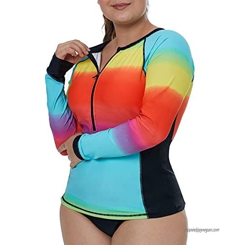 Aleumdr Womens Long Sleeve Rashguard Swimsuit Zip Front Color Block Print Tankini Swimsuit No Bottom Plus Size