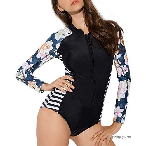 FEOYA Women's Long Sleeve Rash Guard UV Protection Zipper Printed Surfing One Piece Swimsuit Bathing Suit