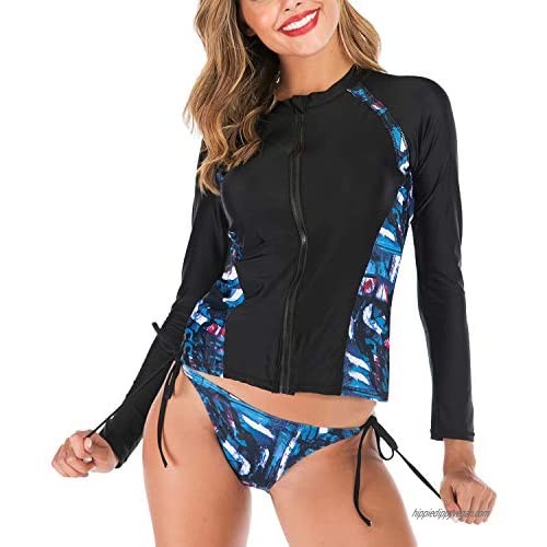 Lu's Chic Women's Long Sleeved Rash Guard Surf Bathing Suit Zip Up Printed Two Piece Swimsuit