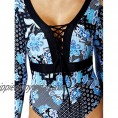 Peddney Women’s Rash Guard Long Sleeve Floral Printed High Cut Swimsuit UPF 50+ Sun Protection Strappy One Piece Bathing Suit