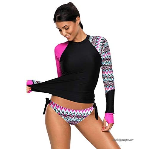 Womens Long Sleeve Geometric Print Rashguard Tankini Swimsuit(S-XXXL)