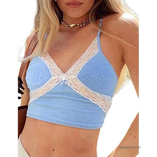 Meladyan Women’s Lace Patchwork V Neck Camisole Ribbed Spaghetti Strap Crop Cami Tank Tops