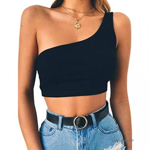 Minclouse Women's One Shoulder Sleeveless Crop Tops Summer Sexy Strappy Tank Tees