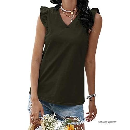 Ofenbuy Womens Casual V Neck Tank Tops Frilled Ruffles Sleeveless Loose Solid Summer Tee Shirts