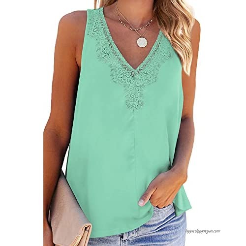 Sieanear Tank Tops for Women V Neck Lace Solid Color Loose Fit Sleeveless Tops Shirts