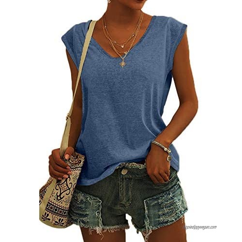 Womens Cap Sleeve V Neck T-Shirt Casual Loose Fit Basic Tshirts Tops