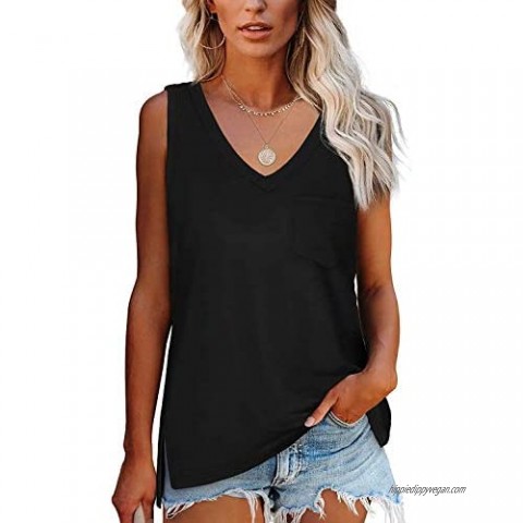 Women's V Neck Tank Tops Sleeveless Tunic Shirts Side Split Loose Fit Tops with Pocket