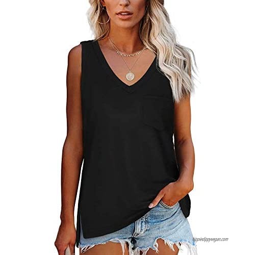 Women's V Neck Tank Tops Sleeveless Tunic Shirts Side Split Loose Fit Tops with Pocket