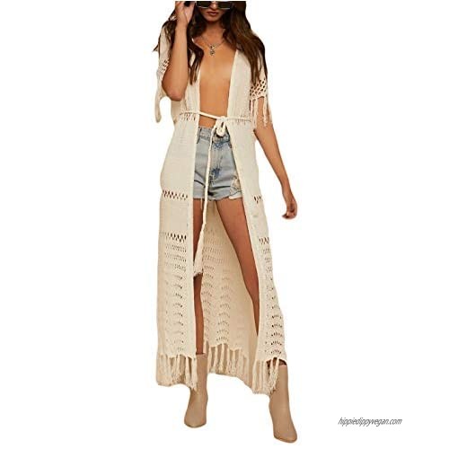 Ailunsnika Crochet Knitted Beach Cover Up Open Front Kimono Cardigan Sexy Lace Dress