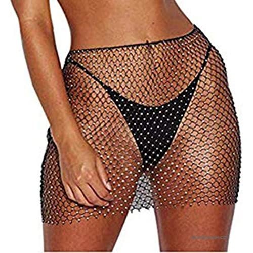 Axupico Women Sexy Mesh See through Rhinestone Fishnet Mini Skirts Beach Wrap Cover Up for Swimwear