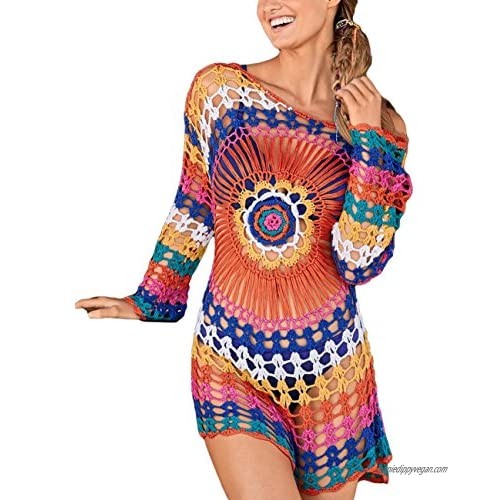 Bsubseach Rainbow Knitted Crochet Beach Cover Up Shirt Tunic Top Women Long Sleeve Hollow Out Bikini Swimwear Bathing Suit Cover Ups