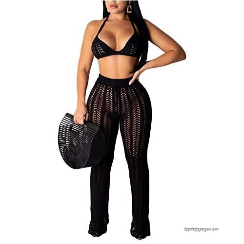 Salimdy Women Hollow Out Knitted See Through 2 Piece Outfits Halter Bandeau Top Long Pant Bikini Cover up