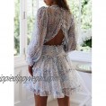 Tiksawon Womens Casual Summer Fashion Floral Printed Ruffle V Neck Long Sleeve Backless Swing Mini Dresses