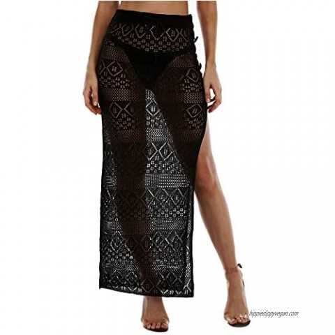 Womens Crochet Beach Cover Up Skirts Sexy High Waist Hollow Out Long Maxi Skirt Slit
