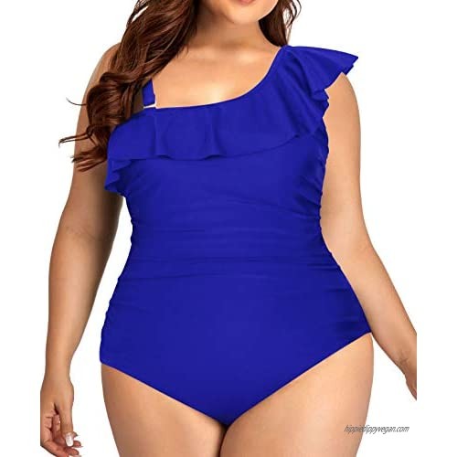 Aqua Eve Plus Size Bathing Suits for Women One Piece Swimsuits One Shoulder Ruffle Tummy Control Swimwear