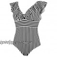COCOSHIP Women's One Piece Bather Deep V Neckline Bikini Striped Front Backless Swimsuit Flounce Ruffle Swimwear