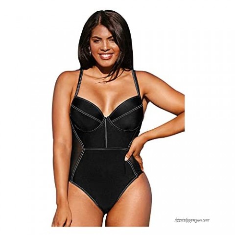 CUPSHE Women's One Piece Swimsuit Plus Size Solid Black Contrast Stitched Bathing Suit